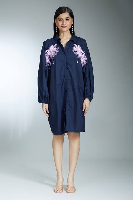 Naintara Bajaj Blue Cotton Sequins Collared Embroidered Long Shirt at Aza Fashions Naintara Bajaj_Blue Cotton Sequins Collared Embroidered Long Shirt _at_Aza_Fashions