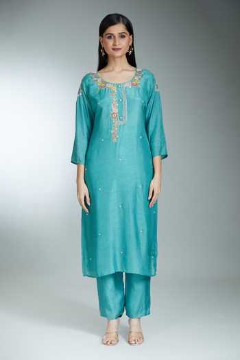 Khwaab By Sanjana Lakhani Green Silk, Net Pearls, Zari, Embroidery Round Neck Floral Vine Kurta Pant Set Online at Aza Fashions Khwaab By Sanjana Lakhani_Green Silk, Net Pearls, Zari, Embroidery Round Neck Floral Vine Kurta Pant Set _Online_at_Aza_Fashions