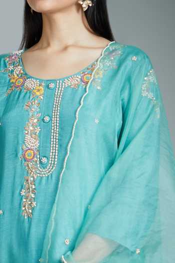 Buy Khwaab By Sanjana Lakhani Green Silk, Net Pearls, Zari, Embroidery Round Neck Floral Vine Kurta Pant Set Online at Aza Fashions Buy_Khwaab By Sanjana Lakhani_Green Silk, Net Pearls, Zari, Embroidery Round Neck Floral Vine Kurta Pant Set _Online_at_Aza_Fashions