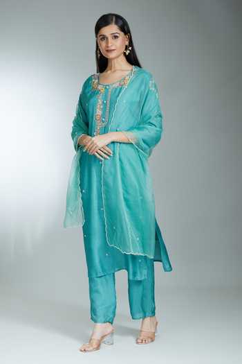 Khwaab By Sanjana Lakhani Green Silk, Net Pearls, Zari, Embroidery Round Neck Floral Vine Kurta Pant Set at Aza Fashions Khwaab By Sanjana Lakhani_Green Silk, Net Pearls, Zari, Embroidery Round Neck Floral Vine Kurta Pant Set _at_Aza_Fashions