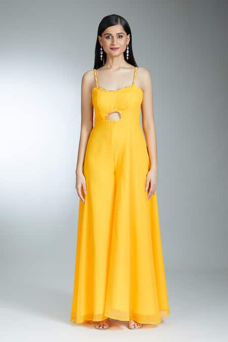Samyukta Singhania_Yellow Georgette Pearls, Beads Sweetheart Neck Cut-out Strappy Jumpsuit _Online_at_Aza_Fashions