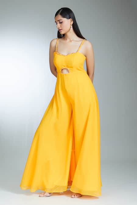 Buy_Samyukta Singhania_Yellow Georgette Pearls, Beads Sweetheart Neck Cut-out Strappy Jumpsuit _Online_at_Aza_Fashions
