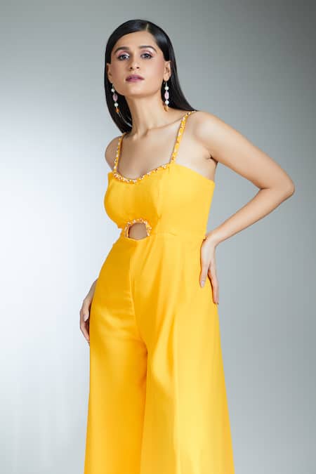 Shop_Samyukta Singhania_Yellow Georgette Pearls, Beads Sweetheart Neck Cut-out Strappy Jumpsuit _Online_at_Aza_Fashions