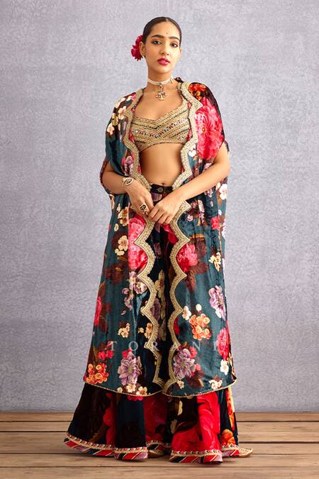 Torani_Blue Velvet And Crepe Digital Print, Shabnami Mehreen Cape & Sharara Set _Online_at_Aza_Fashions