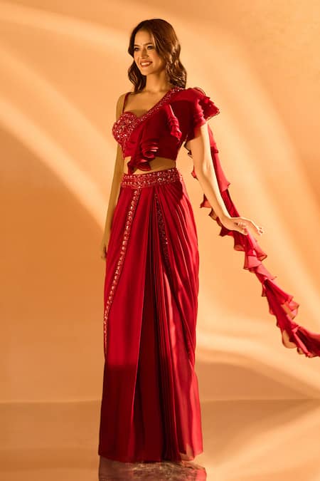 Shop_Samyukta Singhania_Maroon Satin Sequins, Beads Ruffle Detailed Pre-draped Saree With Blouse _Online_at_Aza_Fashions