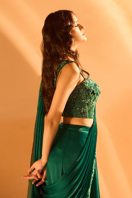 Shop_Samyukta Singhania_Green Net, Crepe Embroidery, Sequins, Beads Hem Pre-draped Saree With Blouse 