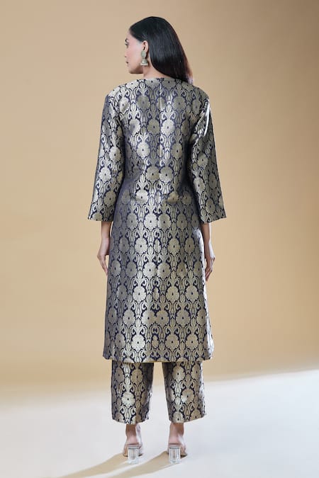 Shop Samyukta Singhania Blue Brocade Embroidery Round Neck Floral Woven A-line Kurta With Straight Pant at Aza Fashions Shop_Samyukta Singhania_Blue Brocade Embroidery Round Neck Floral Woven A-line Kurta With Straight Pant _at_Aza_Fashions