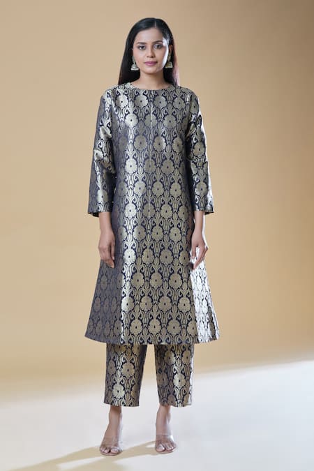 Samyukta Singhania Blue Brocade Embroidery Round Neck Floral Woven A-line Kurta With Straight Pant Online at Aza Fashions Samyukta Singhania_Blue Brocade Embroidery Round Neck Floral Woven A-line Kurta With Straight Pant _Online_at_Aza_Fashions