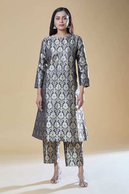 Buy Samyukta Singhania Blue Brocade Embroidery Round Neck Floral Woven A-line Kurta With Straight Pant Online at Aza Fashions Buy_Samyukta Singhania_Blue Brocade Embroidery Round Neck Floral Woven A-line Kurta With Straight Pant _Online_at_Aza_Fashions