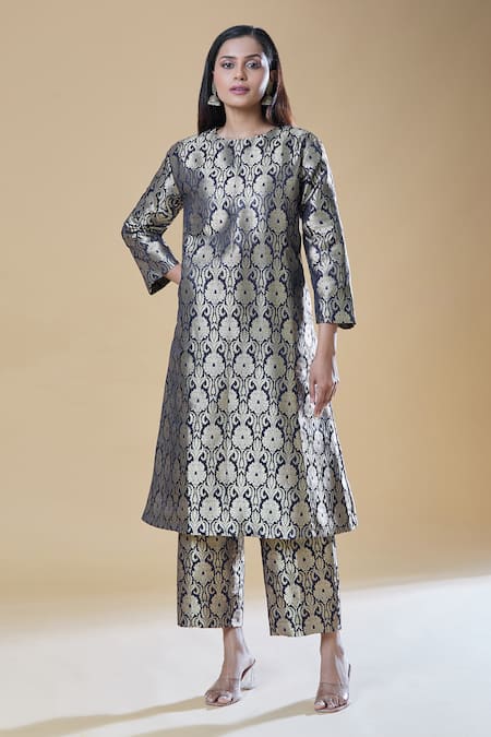 Shop Samyukta Singhania Blue Brocade Embroidery Round Neck Floral Woven A-line Kurta With Straight Pant Online at Aza Fashions Shop_Samyukta Singhania_Blue Brocade Embroidery Round Neck Floral Woven A-line Kurta With Straight Pant _Online_at_Aza_Fashions