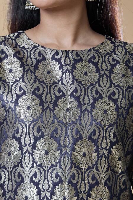 Buy Samyukta Singhania Blue Brocade Embroidery Round Neck Floral Woven A-line Kurta With Straight Pant Buy_Samyukta Singhania_Blue Brocade Embroidery Round Neck Floral Woven A-line Kurta With Straight Pant