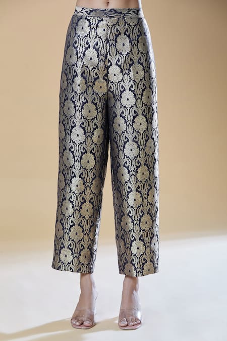 Shop Samyukta Singhania Blue Brocade Embroidery Round Neck Floral Woven A-line Kurta With Straight Pant Shop_Samyukta Singhania_Blue Brocade Embroidery Round Neck Floral Woven A-line Kurta With Straight Pant