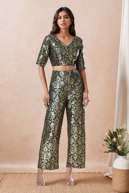 Samyukta Singhania Floral Woven Crop Top With Pant 