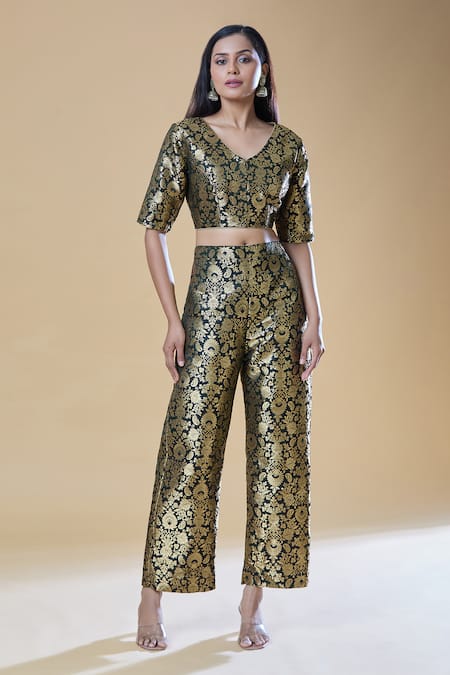 Shop_Samyukta Singhania_Black Brocade Embroidery V-neck Floral Woven Crop Top With Pant _Online_at_Aza_Fashions