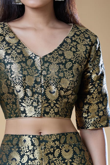 Shop_Samyukta Singhania_Black Brocade Embroidery V-neck Floral Woven Crop Top With Pant 