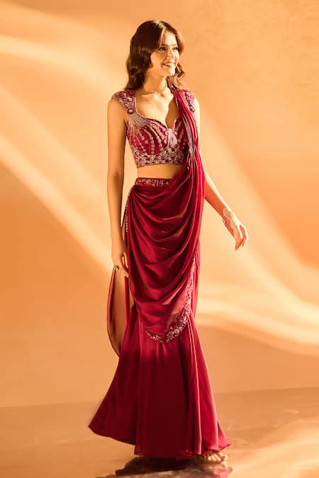Shop Samyukta Singhania Wine Crepe Sequins, Beads, Embroidery Plunge Hem Pre-draped Saree With Blouse at Aza Fashions Shop_Samyukta Singhania_Wine Crepe Sequins, Beads, Embroidery Plunge Hem Pre-draped Saree With Blouse _at_Aza_Fashions