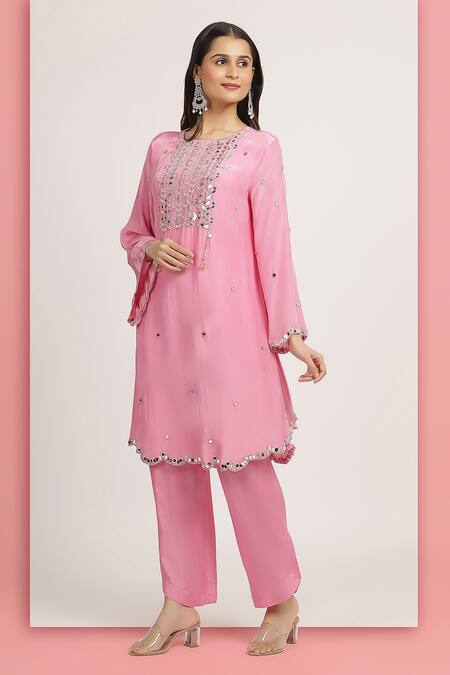 Buy_Bha Sha_Pink Crepe Mirrors, Sequins, Crystals Rakhi Embroidered A-line Kurta With Pant 