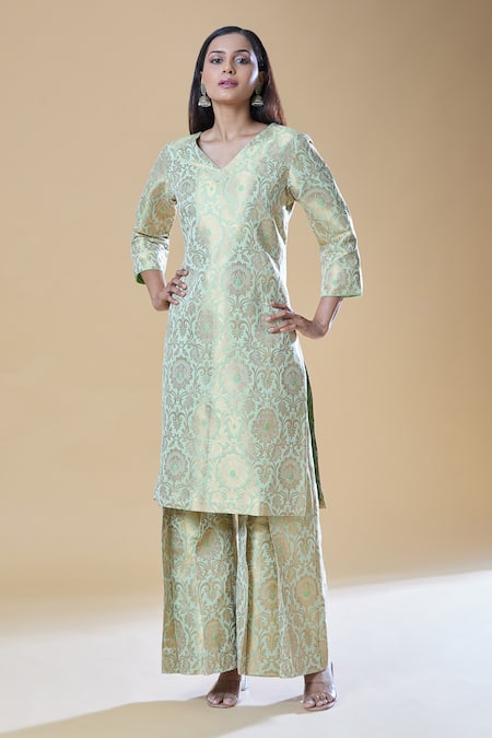 Buy_Samyukta Singhania_Green Brocade Embroidery V-neck Floral Straight Kurta With Pleated Pant _Online_at_Aza_Fashions