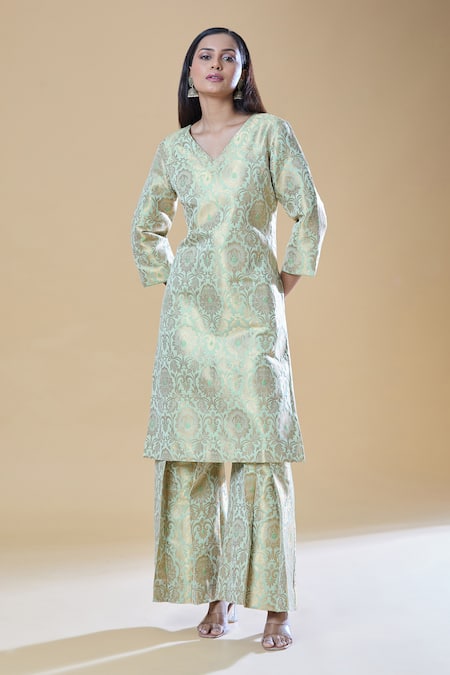 Shop_Samyukta Singhania_Green Brocade Embroidery V-neck Floral Straight Kurta With Pleated Pant _Online_at_Aza_Fashions