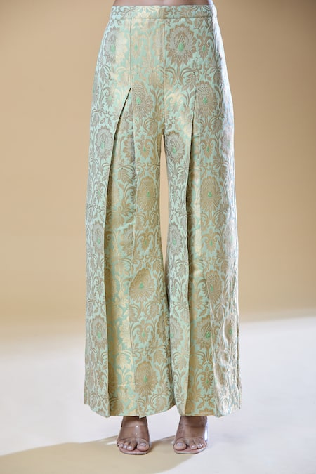 Shop_Samyukta Singhania_Green Brocade Embroidery V-neck Floral Straight Kurta With Pleated Pant 