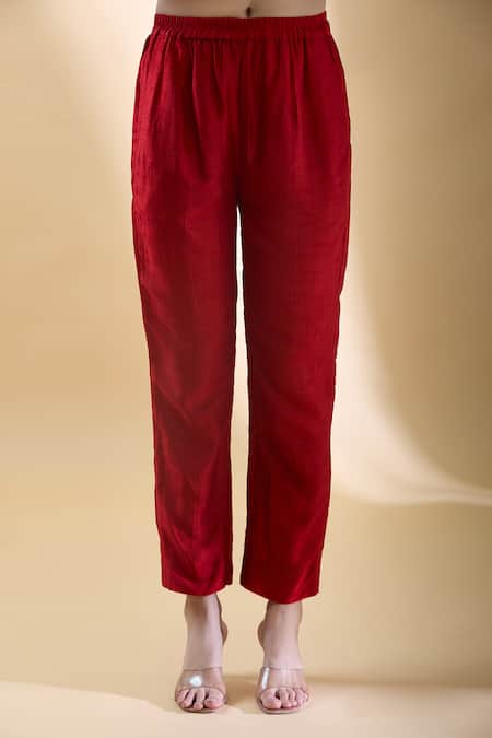 Shop_Samyukta Singhania_Red , Organza Zari Round Neck Floral Embroidered Kurta Pant Set 