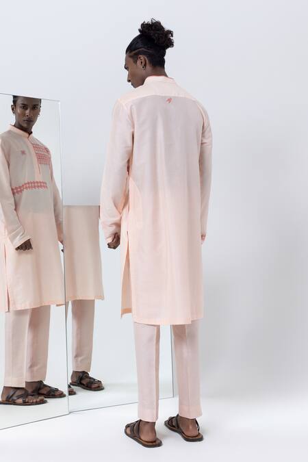 Shop Kaha Peach Cotton, Silk Applique Houndstooth Embroidered Kurta With Pant at Aza Fashions Shop_Kaha_Peach Cotton, Silk Applique Houndstooth Embroidered Kurta With Pant_at_Aza_Fashions