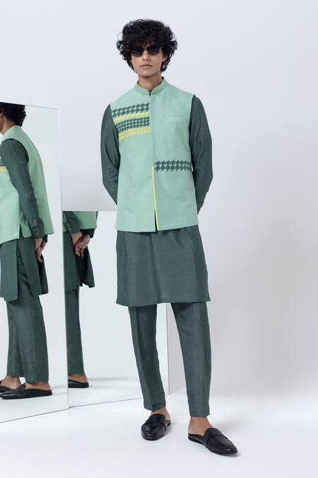 Kaha Green Cotton Silk Embroidery Houndstooth Applique Nehru Jacket Set Online at Aza Fashions Kaha_Green Cotton Silk Embroidery Houndstooth Applique Nehru Jacket Set_Online_at_Aza_Fashions