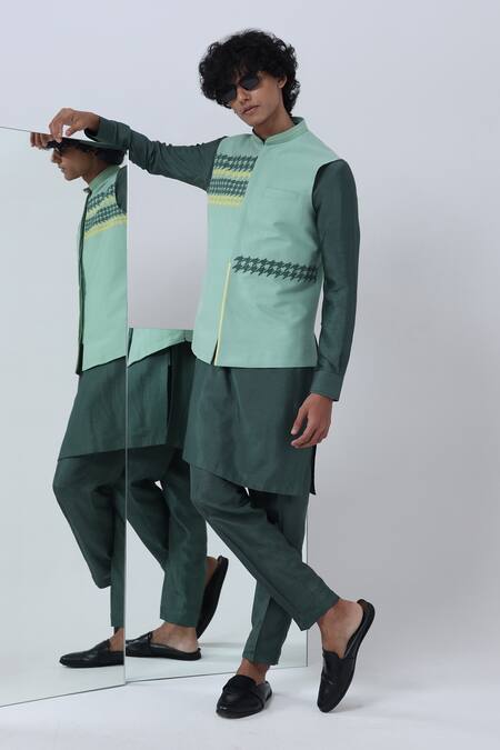 Buy Kaha Green Cotton Silk Embroidery Houndstooth Applique Nehru Jacket Set Online at Aza Fashions Buy_Kaha_Green Cotton Silk Embroidery Houndstooth Applique Nehru Jacket Set_Online_at_Aza_Fashions