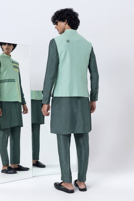 Shop Kaha Green Cotton Silk Embroidery Houndstooth Applique Nehru Jacket Set Online at Aza Fashions Shop_Kaha_Green Cotton Silk Embroidery Houndstooth Applique Nehru Jacket Set_Online_at_Aza_Fashions