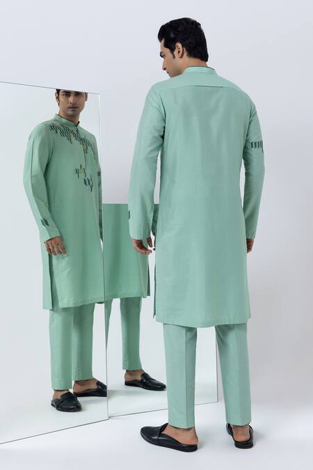 Shop Kaha Green Cotton, Silk Applique Geometric Embroidered Kurta With Pant at Aza Fashions Shop_Kaha_Green Cotton, Silk Applique Geometric Embroidered Kurta With Pant_at_Aza_Fashions