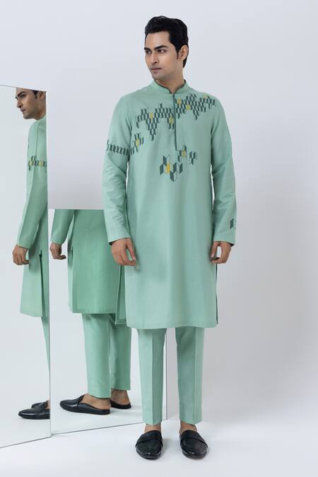Kaha Green Cotton, Silk Applique Geometric Embroidered Kurta With Pant Online at Aza Fashions Kaha_Green Cotton, Silk Applique Geometric Embroidered Kurta With Pant_Online_at_Aza_Fashions