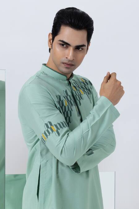 Buy Kaha Green Cotton, Silk Applique Geometric Embroidered Kurta With Pant Online at Aza Fashions Buy_Kaha_Green Cotton, Silk Applique Geometric Embroidered Kurta With Pant_Online_at_Aza_Fashions
