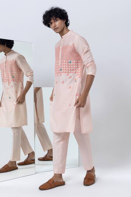 Kaha Peach Cotton, Silk Applique Triangle Embroidered Kurta With Pant Online at Aza Fashions Kaha_Peach Cotton, Silk Applique Triangle Embroidered Kurta With Pant_Online_at_Aza_Fashions