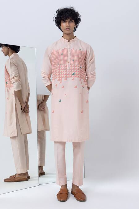Buy Kaha Peach Cotton, Silk Applique Triangle Embroidered Kurta With Pant Online at Aza Fashions Buy_Kaha_Peach Cotton, Silk Applique Triangle Embroidered Kurta With Pant_Online_at_Aza_Fashions