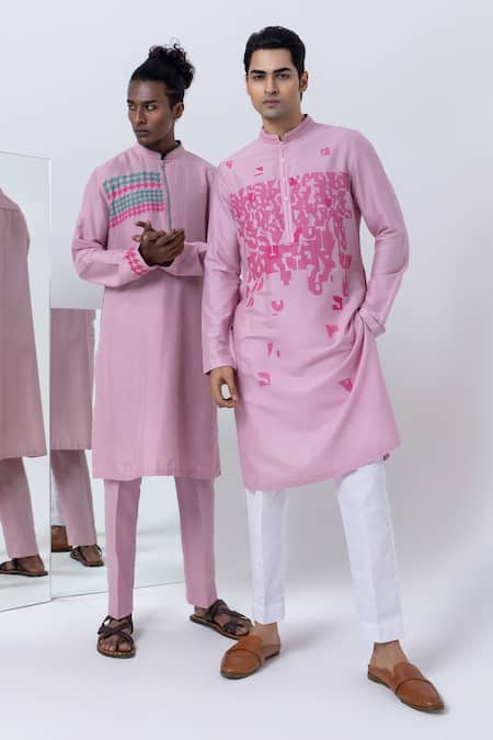 Kaha_Pink Cotton, Silk Embroidery Mosaic Thread Kurta With Pant_Online_at_Aza_Fashions