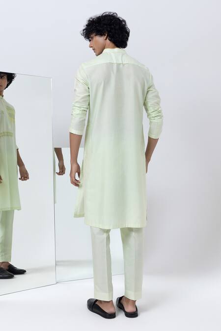Shop Kaha Green Cotton, Silk Embroidery Houndstooth Applique Straight Kurta With Pant at Aza Fashions Shop_Kaha_Green Cotton, Silk Embroidery Houndstooth Applique Straight Kurta With Pant_at_Aza_Fashions