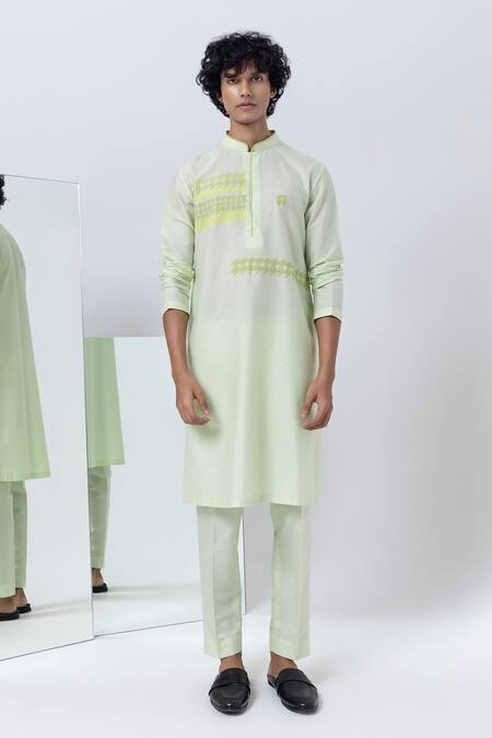 Shop Kaha Green Cotton, Silk Embroidery Houndstooth Applique Straight Kurta With Pant Online at Aza Fashions Shop_Kaha_Green Cotton, Silk Embroidery Houndstooth Applique Straight Kurta With Pant_Online_at_Aza_Fashions