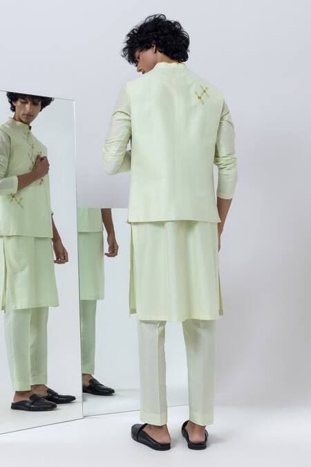 Shop Kaha Green Cotton Silk Embroidery Geometric Applique Nehru Jacket Set at Aza Fashions Shop_Kaha_Green Cotton Silk Embroidery Geometric Applique Nehru Jacket Set_at_Aza_Fashions