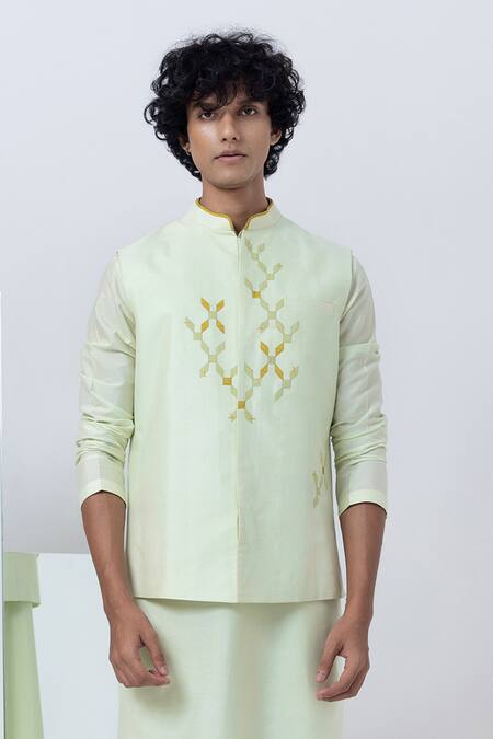 Kaha Green Cotton Silk Embroidery Geometric Applique Nehru Jacket Set Online at Aza Fashions Kaha_Green Cotton Silk Embroidery Geometric Applique Nehru Jacket Set_Online_at_Aza_Fashions