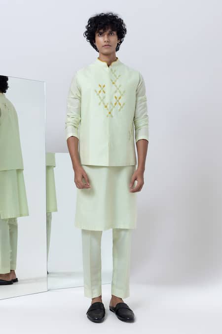 Shop Kaha Green Cotton Silk Embroidery Geometric Applique Nehru Jacket Set Online at Aza Fashions Shop_Kaha_Green Cotton Silk Embroidery Geometric Applique Nehru Jacket Set_Online_at_Aza_Fashions