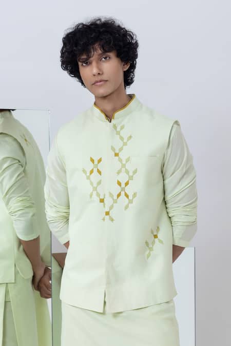 Kaha Green Cotton Silk Embroidery Geometric Applique Nehru Jacket Set at Aza Fashions Kaha_Green Cotton Silk Embroidery Geometric Applique Nehru Jacket Set_at_Aza_Fashions