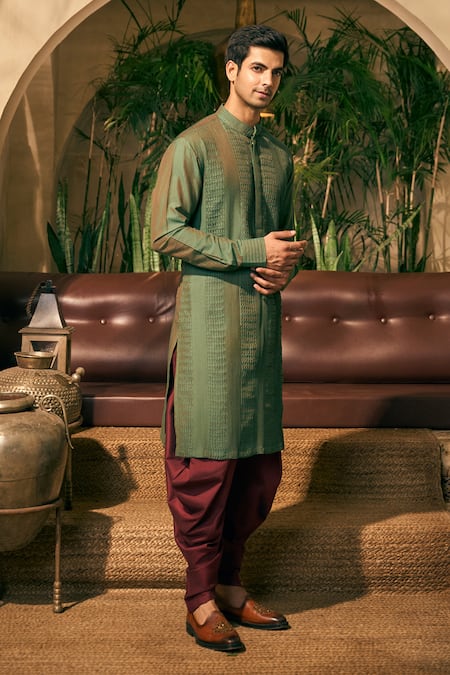 Tajiri Green Cotton, Silk, Satin Embroidery Smocked Stitch Kurta With Salwar Pant Online at Aza Fashions Tajiri_Green Cotton, Silk, Satin Embroidery Smocked Stitch Kurta With Salwar Pant _Online_at_Aza_Fashions