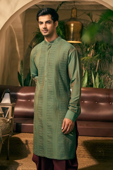 Shop Tajiri Green Cotton, Silk, Satin Embroidery Smocked Stitch Kurta With Salwar Pant Online at Aza Fashions Shop_Tajiri_Green Cotton, Silk, Satin Embroidery Smocked Stitch Kurta With Salwar Pant _Online_at_Aza_Fashions