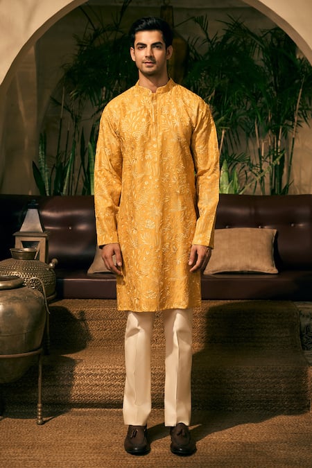 Tajiri Yellow Cotton, Silk, Satin Embroidery Phulwari Floral Kurta With Pant Online at Aza Fashions Tajiri_Yellow Cotton, Silk, Satin Embroidery Phulwari Floral Kurta With Pant _Online_at_Aza_Fashions