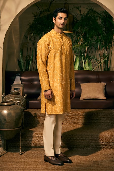 Buy Tajiri Yellow Cotton, Silk, Satin Embroidery Phulwari Floral Kurta With Pant Online at Aza Fashions Buy_Tajiri_Yellow Cotton, Silk, Satin Embroidery Phulwari Floral Kurta With Pant _Online_at_Aza_Fashions