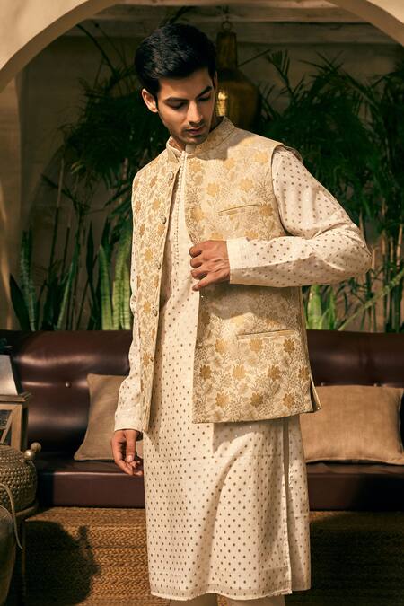 Buy_Tajiri_Beige Bundi Silk Brocade Woven Floral And Pant Set _Online_at_Aza_Fashions