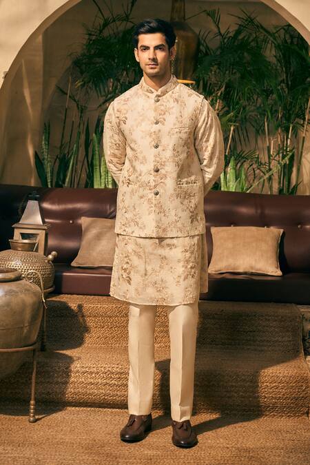 Tajiri_Beige Bundi And Kurta 100% Handwoven Linen Floral & Set _Online_at_Aza_Fashions