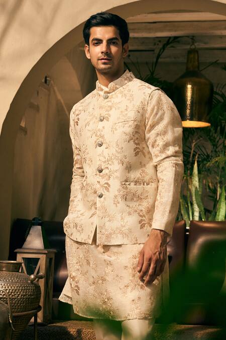 Buy_Tajiri_Beige Bundi And Kurta 100% Handwoven Linen Floral & Set _Online_at_Aza_Fashions
