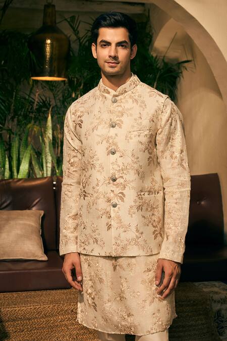 Shop_Tajiri_Beige Bundi And Kurta 100% Handwoven Linen Floral & Set _Online_at_Aza_Fashions