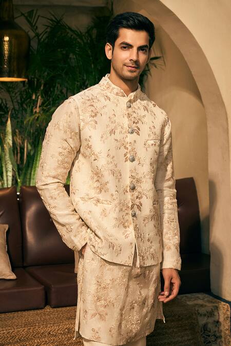 Tajiri_Beige Bundi And Kurta 100% Handwoven Linen Floral & Set _at_Aza_Fashions